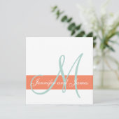 Coral Mint Green Monogram Names Simple Wedding Kaart (Staand voorkant)
