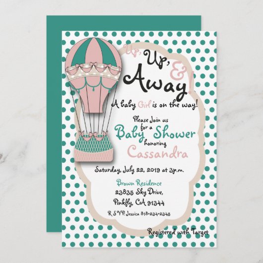 Coral & Mint Hete Luchtballon Baby shower Kaart (Voorkant / Achterkant)