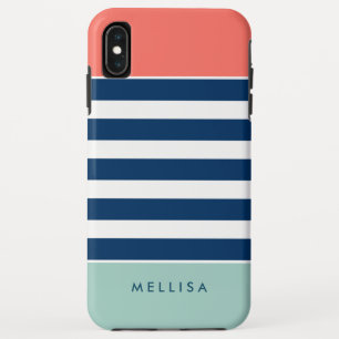 Coral Mint Navy White Stripes - Trendy Stylish iPhone XS Max Hoesje