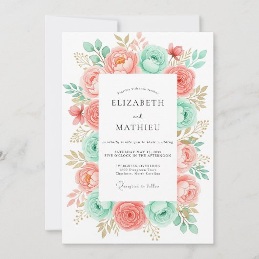 Coral Mint Romantic Botanical Wedding Kaart (Voorkant)