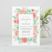Coral Mint Romantic Botanical Wedding Kaart (Staand voorkant)
