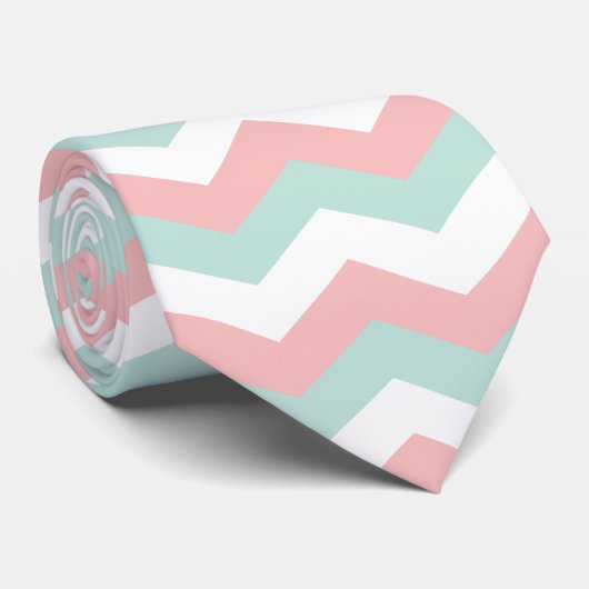 Coral Mint White Chevron Zigzag Stropdas (Opgerold)