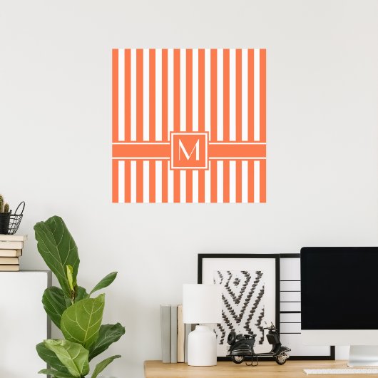 Coral Modern Stripe met Monogram Poster (Thuiskantoor)