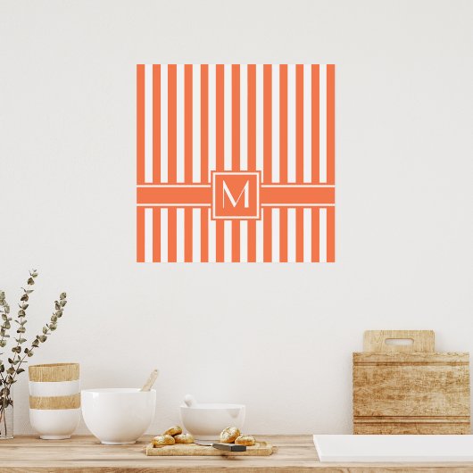 Coral Modern Stripe met Monogram Poster (Keuken)