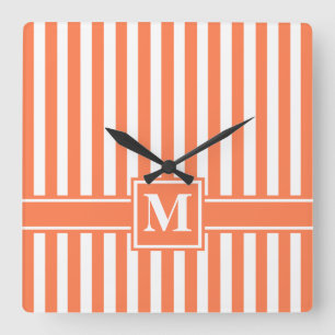 Coral Modern Stripe met Monogram Vierkante Klok