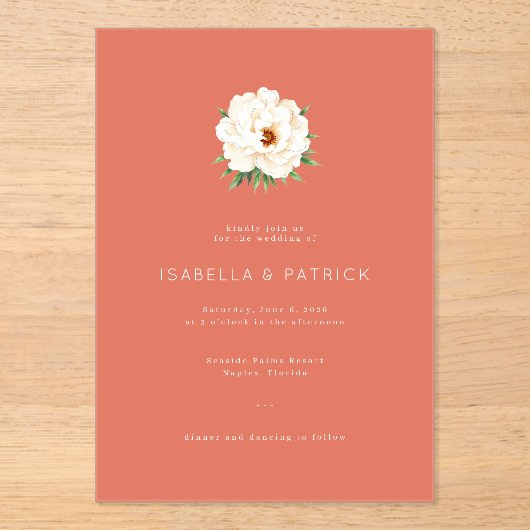 Coral Moderne Wedding Acryl Uitnodigingen (Voorkant)
