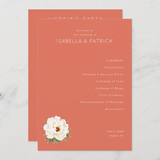 Coral Moderne Wedding Programmakaart (Voorkant / Achterkant)