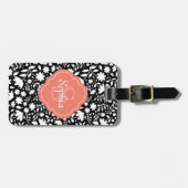 Coral Monogram Quatrefoil Black Floral Pattern Bagagelabel (Voorkant horizontaal)