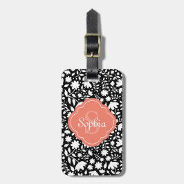 Coral Monogram Quatrefoil Black Floral Pattern Bagagelabel