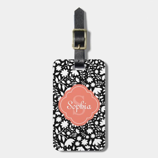 Coral Monogram Quatrefoil Black Floral Pattern Bagagelabel (Voorkant verticaal)