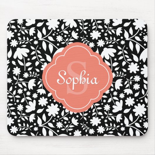 Coral Monogram Quatrefoil Black Floral Pattern Muismat (Voorkant)