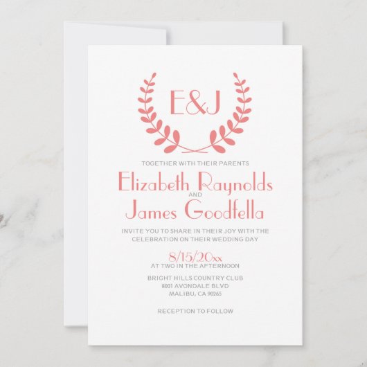 Coral Monogram Wedding Invitations Kaart (Voorkant)