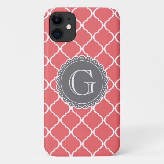Coral Moroccan Lattice Pattern Gray Monogram Case-Mate iPhone Case (Achterkant)