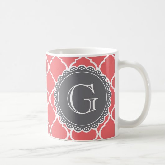 Coral Moroccan Lattice Pattern Gray Monogram Koffiemok (Rechts)