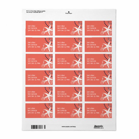 Coral Nautical Wedding Address Etiket (Full Sheet)