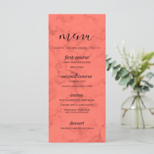 Coral Navy Blue Bouquet Modern Wedding Menu (Staand voorkant)