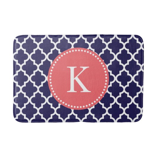 Coral Navy Blue Custom Monogram Quatrefoil Patroon Badmat (Voorkant)