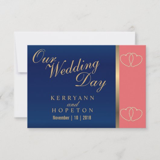 Coral & Navy Blue met Gold Hearts - RSVP (Voorkant)