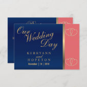 Coral & Navy Blue met Gold Hearts - RSVP (Voorkant / Achterkant)