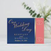 Coral & Navy Blue met Gold Hearts - RSVP Kaartje (Staand voorkant)