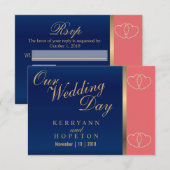 Coral & Navy Blue met Gold Hearts - RSVP Kaartje (Voorkant / Achterkant)