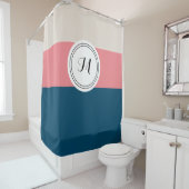 Coral Navy Blue Modern Monogram Shower Curtain Douchegordijn (In situ)