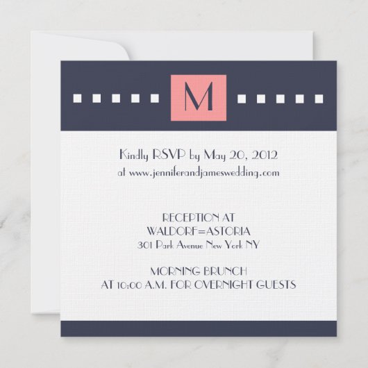 Coral Navy Blue Monogram Wedding Invitations Kaart (Achterkant)