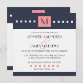 Coral Navy Blue Monogram Wedding Invitations Kaart (Voorkant / Achterkant)