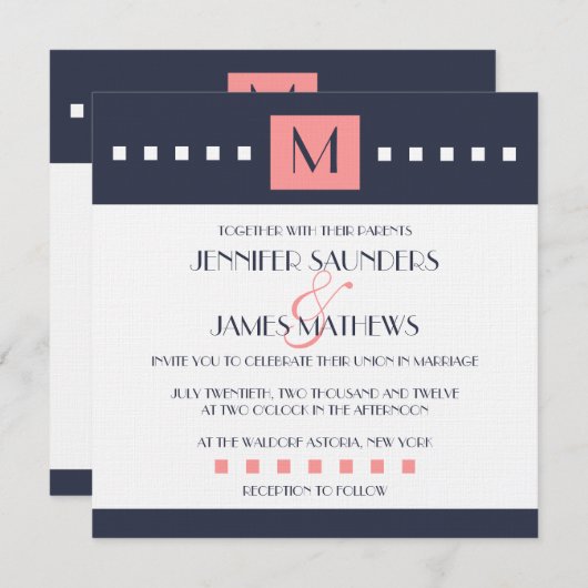 Coral Navy Blue Monogram Wedding Invitations Kaart (Voorkant / Achterkant)