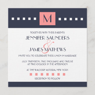Coral Navy Blue Monogram Wedding Invitations Kaart