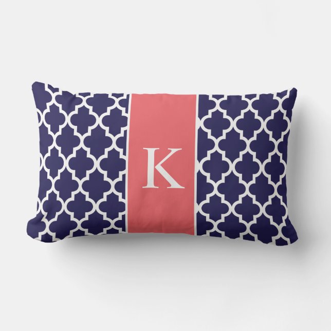 Coral Navy Blue Moroccan Custom Monogram Kussen (Voorkant)