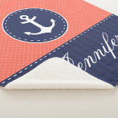 Coral Navy Blue Nautical Anchor Design Custom Name Sherpa Deken (3/4)
