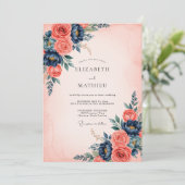 Coral Navy Blue Refined Floral Wedding Kaart (Staand voorkant)