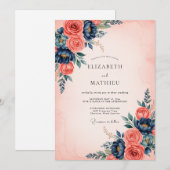 Coral Navy Blue Refined Floral Wedding Kaart (Voorkant / Achterkant)