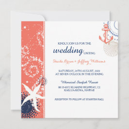 Coral Navy Blue White Nautical Wedding Kaart