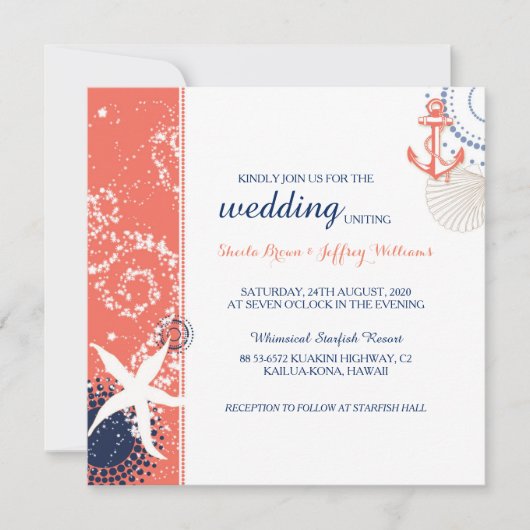Coral Navy Blue White Nautical Wedding Kaart (Voorkant)