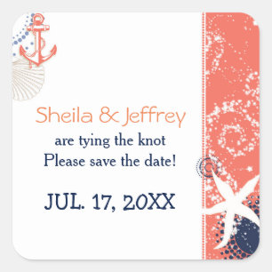 Coral Navy Blue White Nautical Wedding Vierkante Sticker