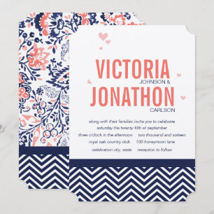 Coral Navy en Coral Zig Zag en Floral Wedding Kaart