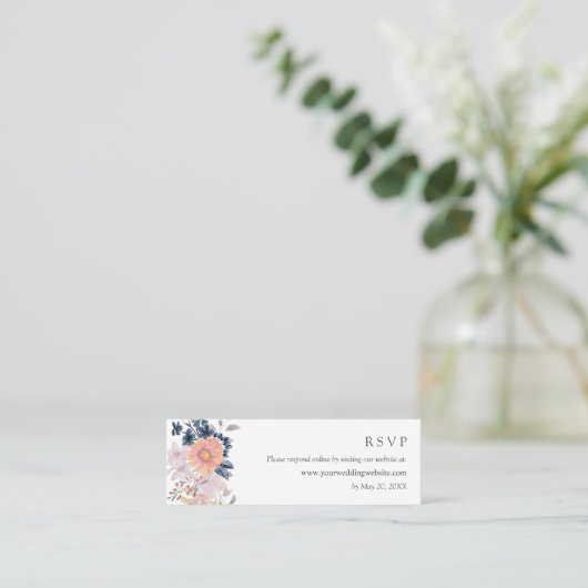 Coral & Navy Flowers Weddenschap RSVP Online websi Mini Visitekaartje (Staand voorkant)