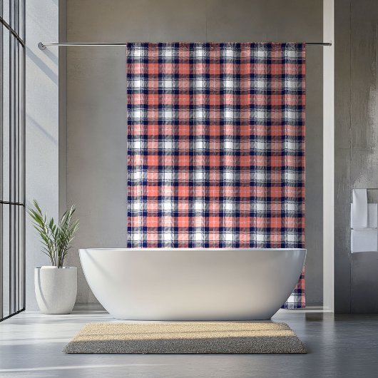Coral Navy Plaid Curtain Gift for Relaxing Days Douchegordijn