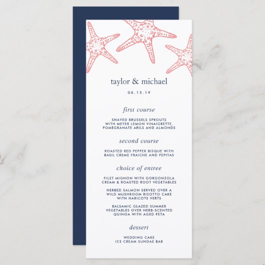 Coral & Navy Starfish Wedding Menu Kaart (Voorkant / Achterkant)