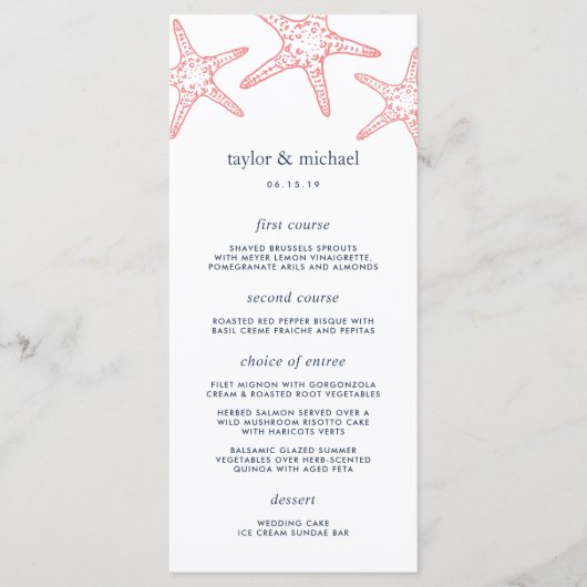 Coral & Navy Starfish Wedding Menu Kaart (Voorkant)