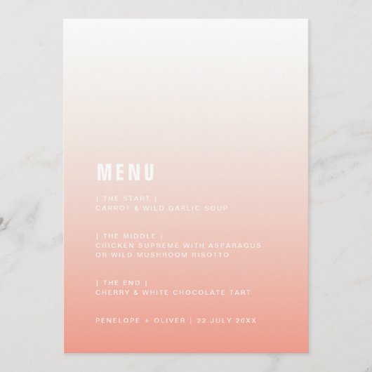 Coral Ombre | Blush Pink Modern Minimalist Weddens Menu (Voorkant)