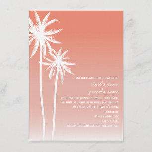 Coral ombré palm Trees Beach Wedding Kaart