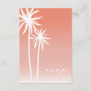 Coral ombré palm Trees Beach Wedding RSVP Kaartje