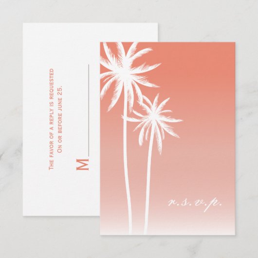 Coral ombré palm Trees Beach Wedding RSVP Kaartje (Voorkant / Achterkant)