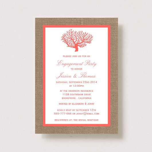 Coral on Burlap Boho Beach Engagement Kaart