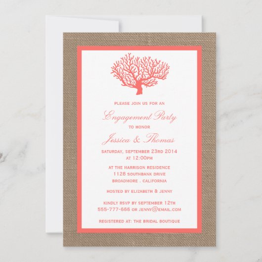 Coral on Burlap Boho Beach Engagement Kaart (Voorkant)