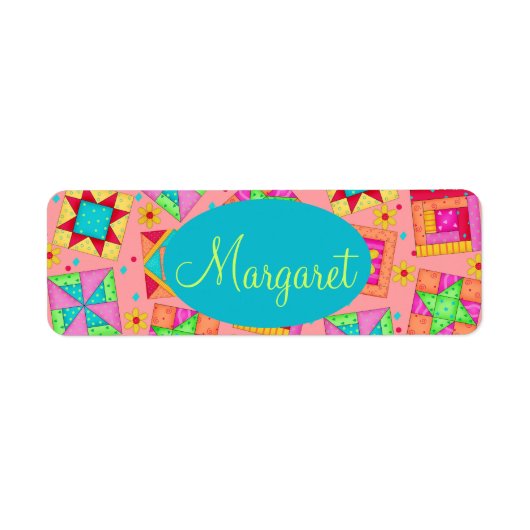 Coral Orange Personalize Patchwork Quilt Block Art Etiket (Voorkant)