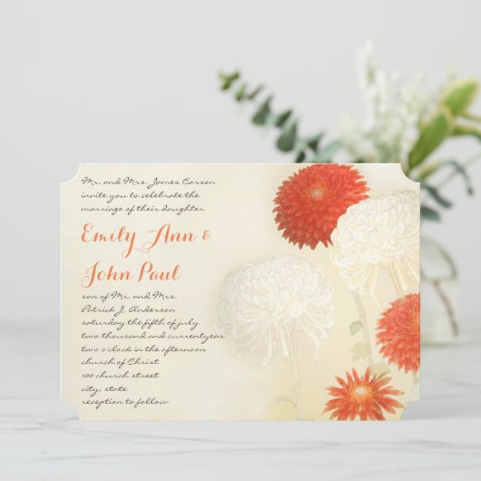 Coral Oranje Chrysanthemum Wedding Invitations Kaart (Staand voorkant)